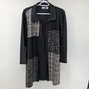 Chicos Jacket Womens Sz 1 Black Travelers Knit Open Front Geometric Duster Coat